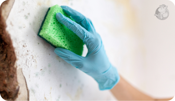 kobieta myjąca gąbką ścianę z grzybem
